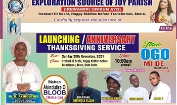 EXPLORATION SOURCE OF JOY PARISH TO CELEBRATE 2ND ANNIVERSARY IN GLAMOUR