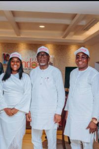 From left, ‘Mabaja, Ma babinu’ crooner, Toyin Ojagbemi; Ondo State governor, Honourable Lucky Aiyedatiwa and the chairman and Chief Executive Officer of West African Petrogas Global Limited, Dr Jide Adewinle, during the declaration of Aiyedatiwa for Ondo State governorship election at the Arcade, Akure.