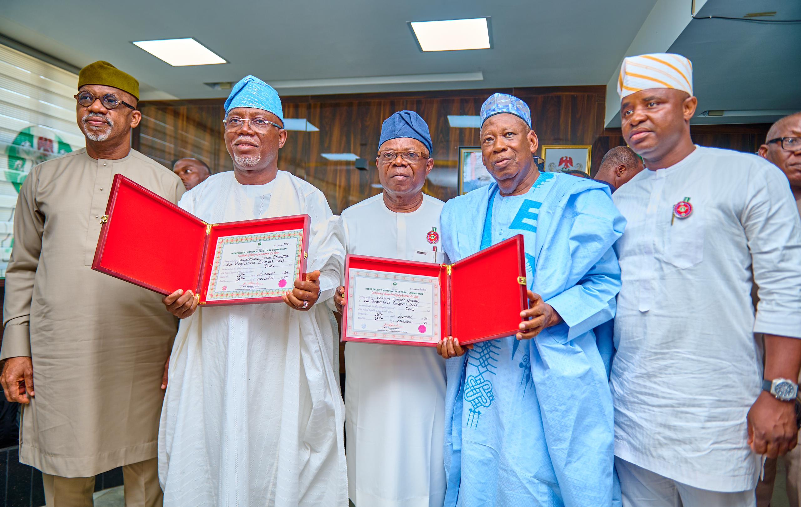 GUBER POLL: GOV AIYEDATIWA, DGOV ADELAMI RECEIVE CERTIFICATES OF RETURN