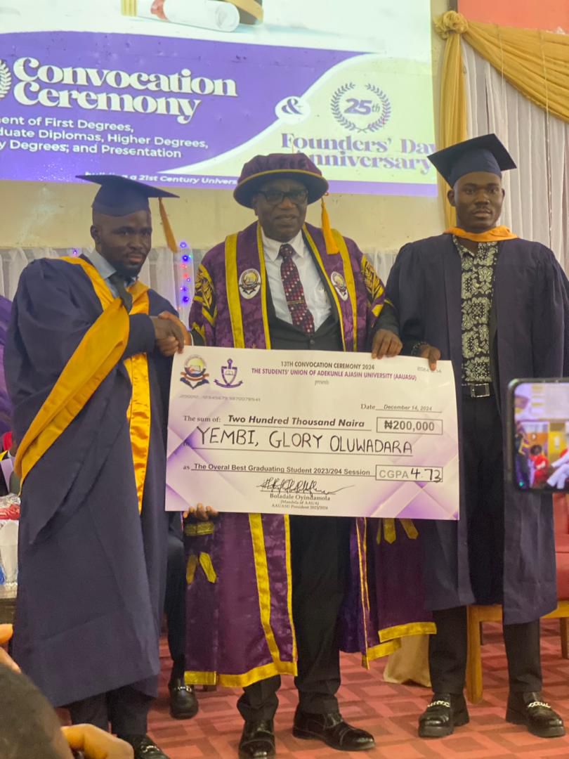 AAUA Students’ Union Awards ₦200,000 Cash Prize to Best Graduating Student at 13th Convocation