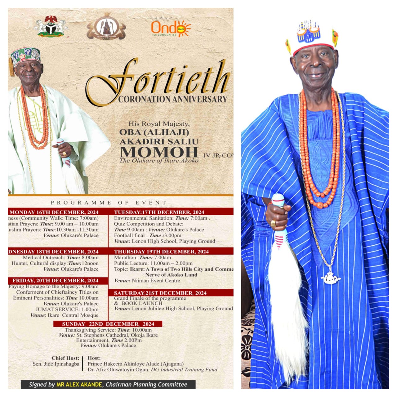 IKARE AKOKO SETS TO CELEBRATE 40TH CORONATION ANNIVERSARY OF OBA (ALHAJI) AKADIRI MOMOH IV (JP, CON), THE OLUKARE OF IKARE-AKOKO